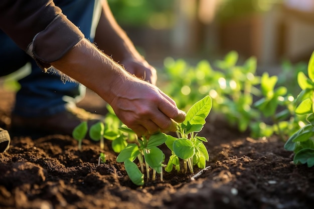 Handplanting bean seeds in the vegetable garden Generative Ai