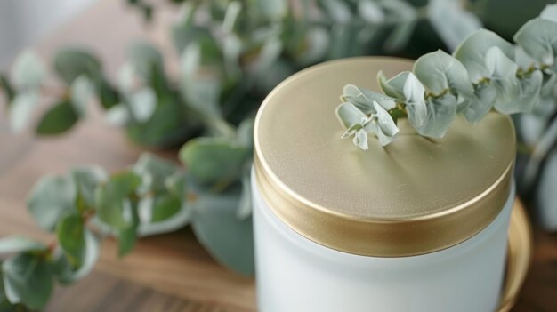 Photo a handpoured soy wax candle in a frosted glass jar topped with a gold lid and emitting a stunning