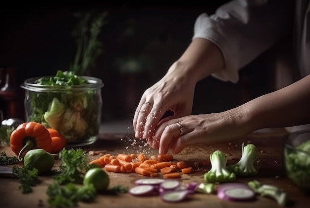 Hands in action cooking vegetables