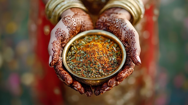 Hands adorned with henna holding a mixture