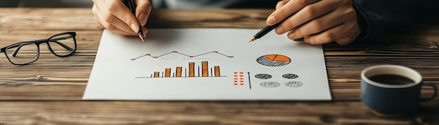 Hands analyzing financial data with graphs and charts on paper accompanied by a coffee cup and glasses on a wooden desk