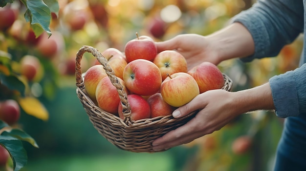 Photo hands apple in basket woman and a man hold a basket apples in hand gardeners holds a generative ai