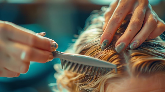 Photo hands are carefully styling hair with scissors and a comb in a peaceful salon environment