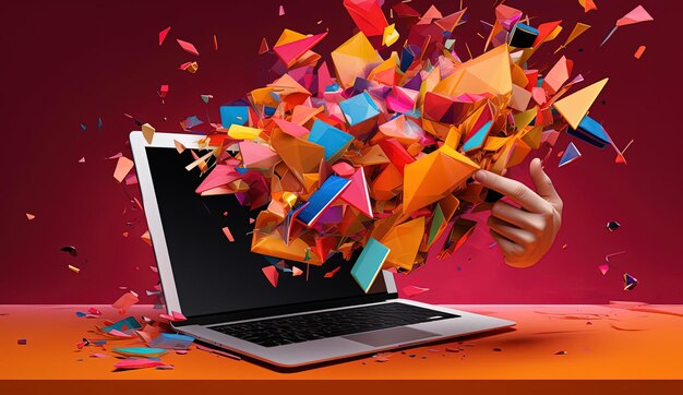 hands are grabbing a tablet by the screen with confetti flying in the style of bold color blocke