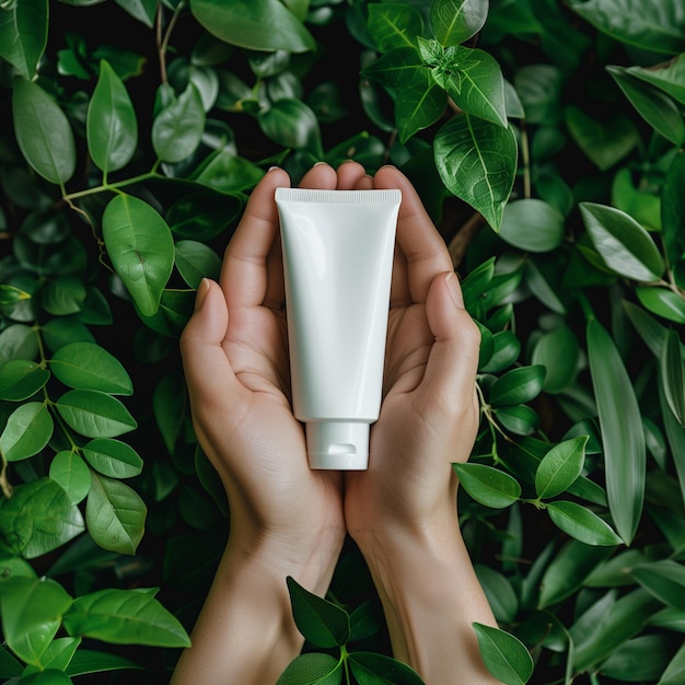 hands are holding and showing an empty white cosmetic tube on a nature background