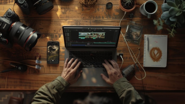 Photo hands are on a laptop keyboard with video editing software on the screen surrounded by a camera tripod potted plant and coffee cup