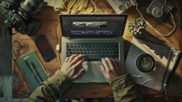 Hands are on a laptop keyboard with video editing software on the screen surrounded by a camera tripod potted plant and coffee cup