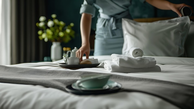 Photo hands arranging bed in hotel room service