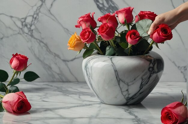 Hands arranging a bouquet of roses in a classic vase on a marble tabletop