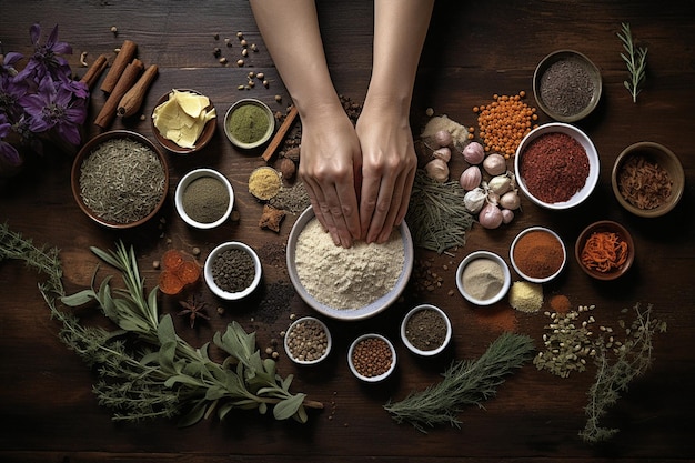 Hands Arranging Ingredients Wooden Table