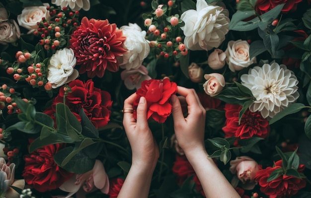 Hands Arranging a Vibrant Assortment of Red and White Flowers