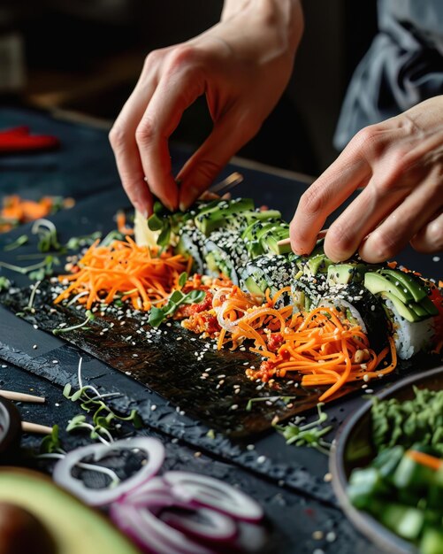 Hands assembling a vegan sushi roll with crisp vegetables and ripe avocado showcasing healthy cuisine