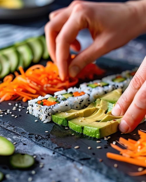 Hands assembling a vegan sushi roll with crisp vegetables and ripe avocado showcasing healthy cuisine