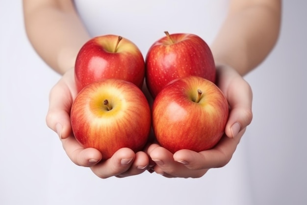 Hands of a beautiful woman holding apples isolated on white created with generative ai