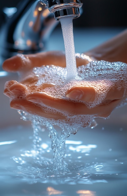 Photo hands being washed with soap under running tap water focusing closely on the action