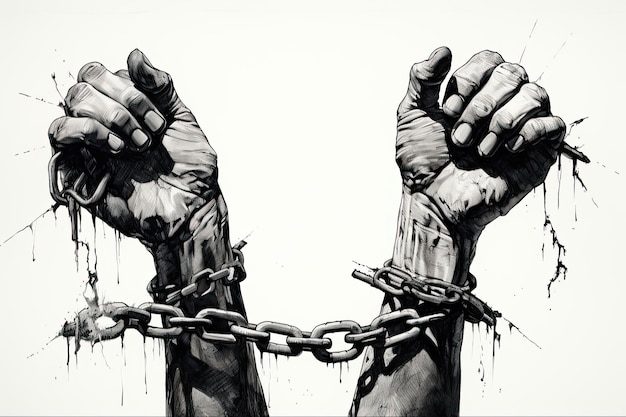 Photo hands breaking chains ink drawing of a symbolic fight for freedom and liberty against slavery