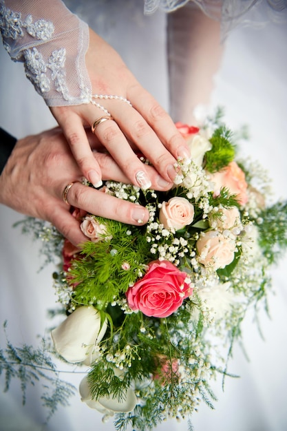 Hands of the bride and groom together