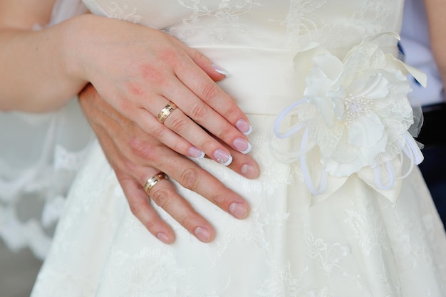 Hands of a bride and a groom with golden wedding rings