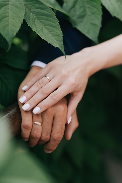 Photo hands of the bride and groom with wedding rings close up minimalism