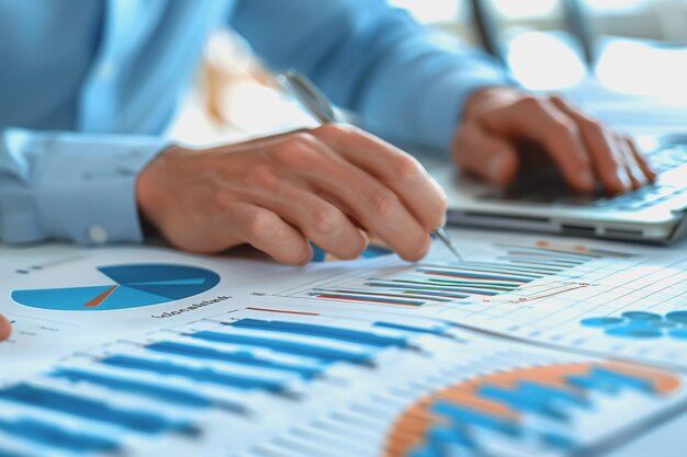 Hands business team having a meeting to analyze data graph charts for a marketing plan