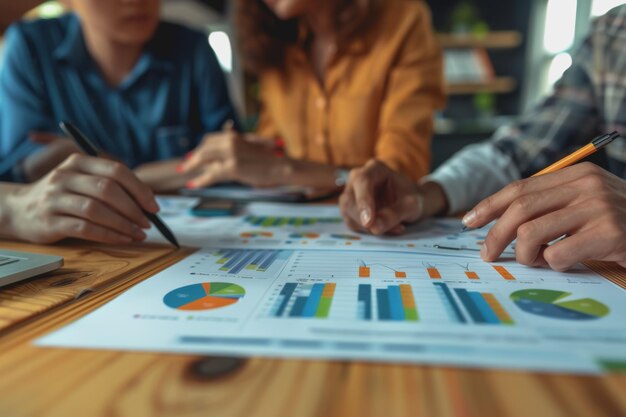 Hands business team having a meeting to analyze data graph charts for a marketing plan