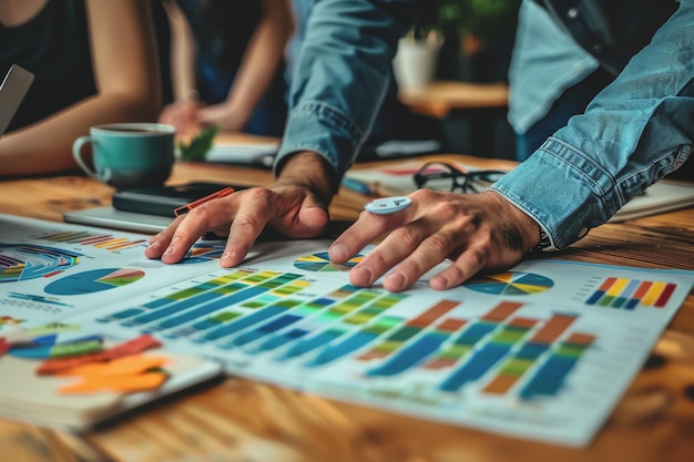 Hands business team having a meeting to analyze data graph charts for a marketing plan