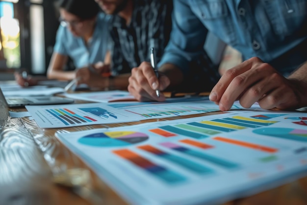 Hands business team having a meeting to analyze data graph charts for a marketing plan