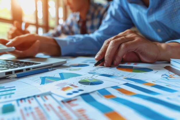 Hands business team having a meeting to analyze data graph charts for a marketing plan