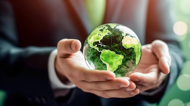 Hands of a businessman in a suit holding a green planet earth ball Business concept green planet sustainable renewable energy recycling and environmental care