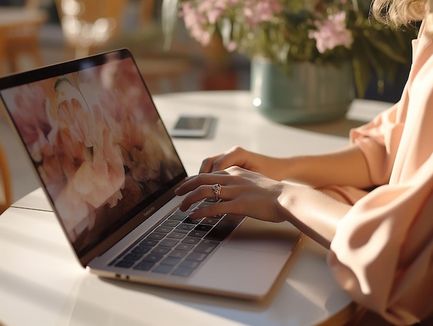 hands of businesswoman working on computer in comfortable office generated ai