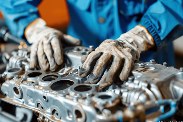 Hands Car mechanic holding a new piston for the engine overhaul