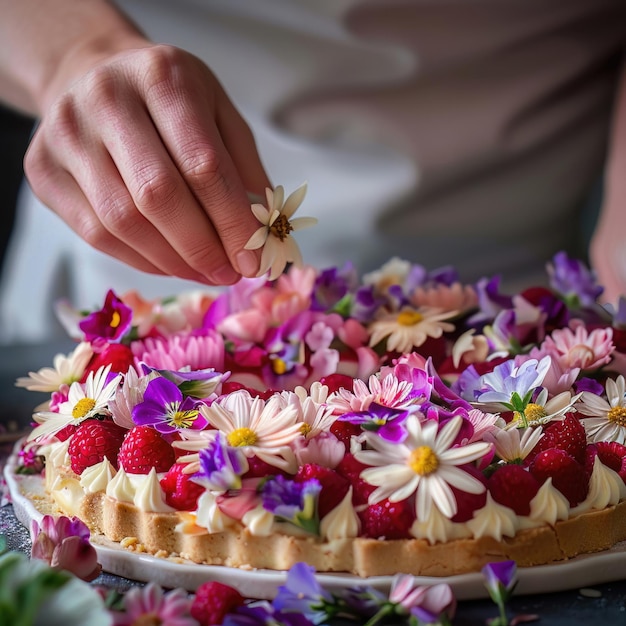 Hands carefully arranging edible flowers on a delicate raspberry tart showcasing the art of dessert decoration