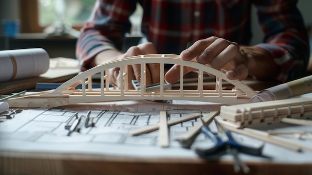 Hands carefully assemble a wooden model bridge with precision tools