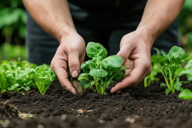 Hands Carefully Planting Fresh Vegetables in a Rich Dark Soil Garden A Beautiful Touch of Nature