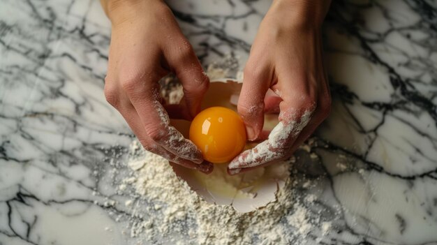 Photo hands carefully split an egg initiating the craft of a baker39s delight on a marble surface