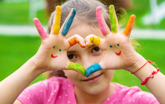 Hands of a child with a drawn smile Selective focus