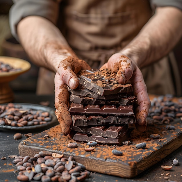 hands of chocolatier crafting chocolate bars working with cocoa beans high resolution and