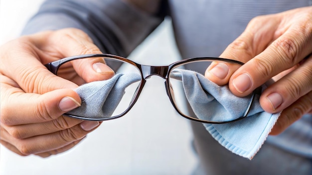 Photo hands cleaning eyeglasses