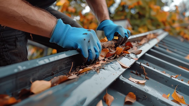 Hands cleaning gutters filled with autumn leaves Seasonal home maintenance Closeup photography capturing a person wearing gloves Essential task for keeping gutters clear AI