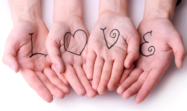 Hands of couple with inscription Love isolated on white