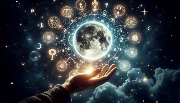 Hands cradle cosmic symbols highlighting astrologys influence on human connection and destiny