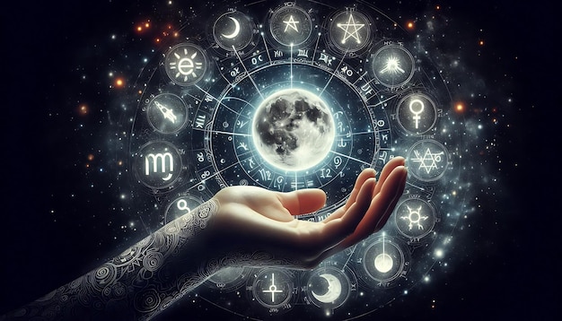 Hands cradle cosmic symbols highlighting astrologys influence on human connection and destiny