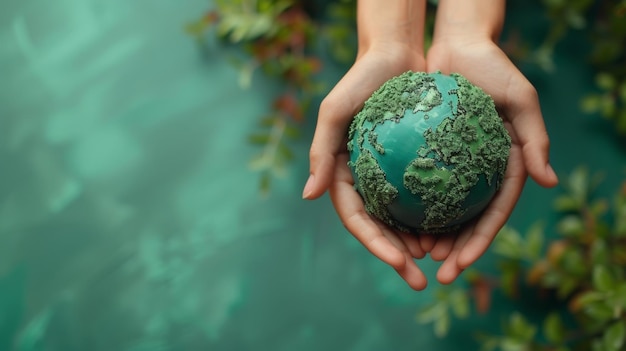 Hands cradle Earth against vibrant green backdrop minimalist style World Earth Day AI Image