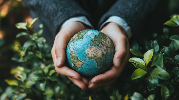 Photo hands cradle a miniature globe surrounded by lush greenery symbolizing our connection to nature