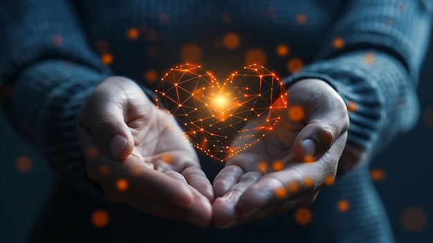 Hands Cradling Digital Heart on Screen Health Love Donation Awareness