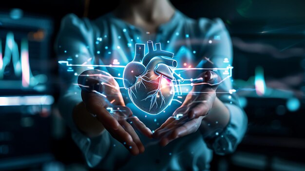 Photo hands cradling digital heart on screen health love donation awareness