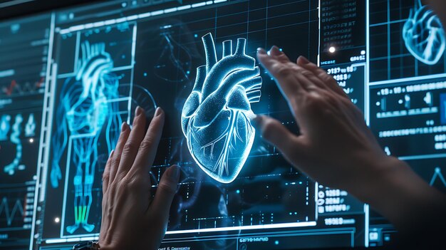 Photo hands cradling digital heart on screen health love donation awareness