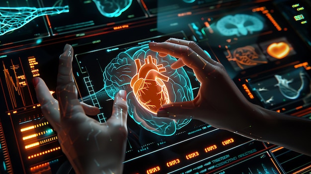 Photo hands cradling digital heart on screen health love donation awareness