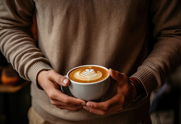 Hands cradling a latte with intricate art design