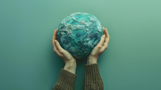 Photo hands cradling a painted globe against a green background